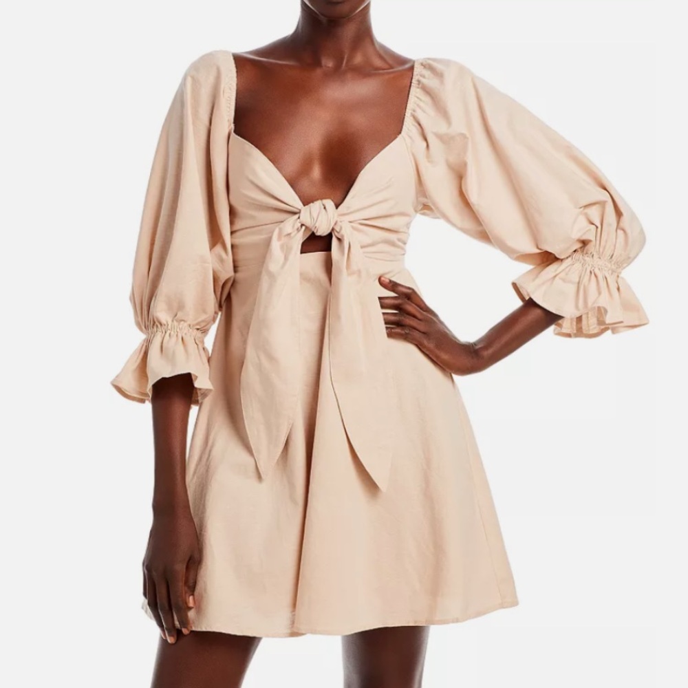 NWT! Charlie Holiday Sonny Tie Front mini dress in Oat - M